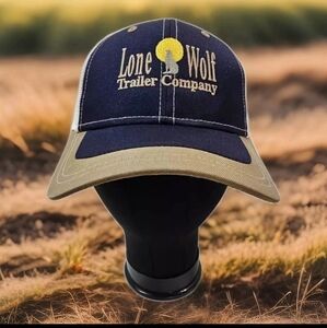 Lone Wolf Trailer Company Embroidered Navy Khaki White Mesh Adjustable Cap EUC